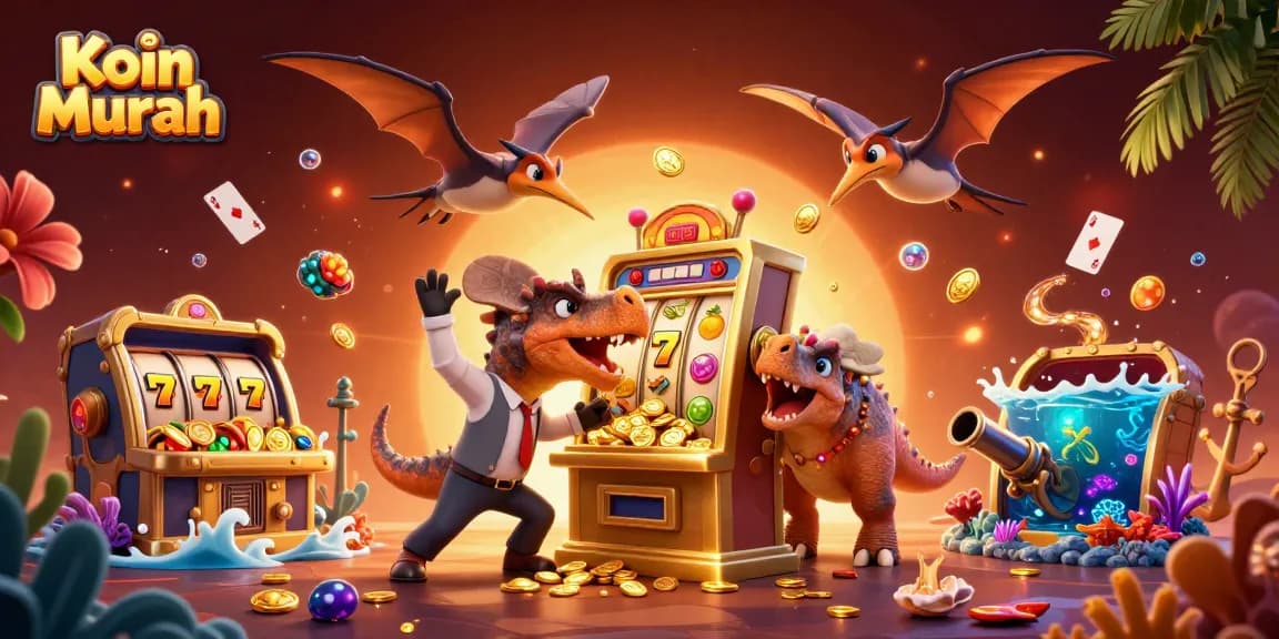 Isi ulang Koin Murah dengan mesin slot emas yang memberikan jackpot, ilustrasi animasi 3D yang menarik.