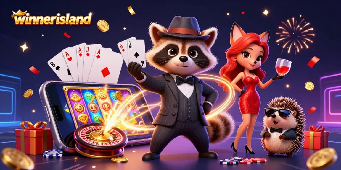 Play thrilling casino games at winnerisland with a charming raccoon and fox amid sparkling excitement.