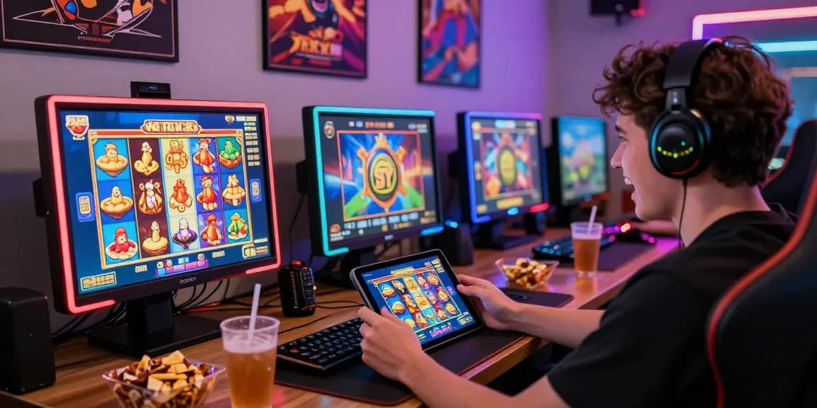 Permainan slot online Super59 link alternatif dengan pemain yang asyik di meja gaming yang cerah.