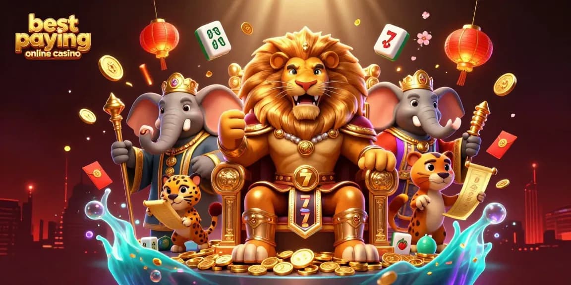 Experience the excitement of the best paying online casino with royal characters amidst slot reels and festive decorations.