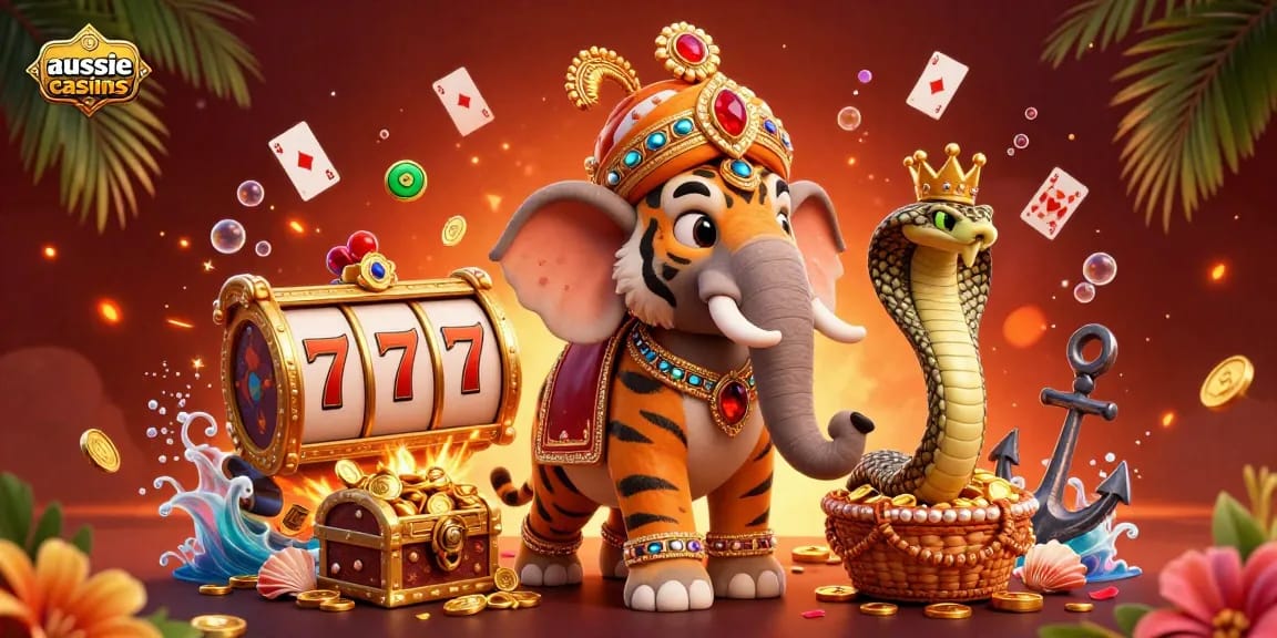 Aussie casinos feature a vibrant scene with a maharaja tiger, jewel-encrusted elephant, and dynamic casino elements.