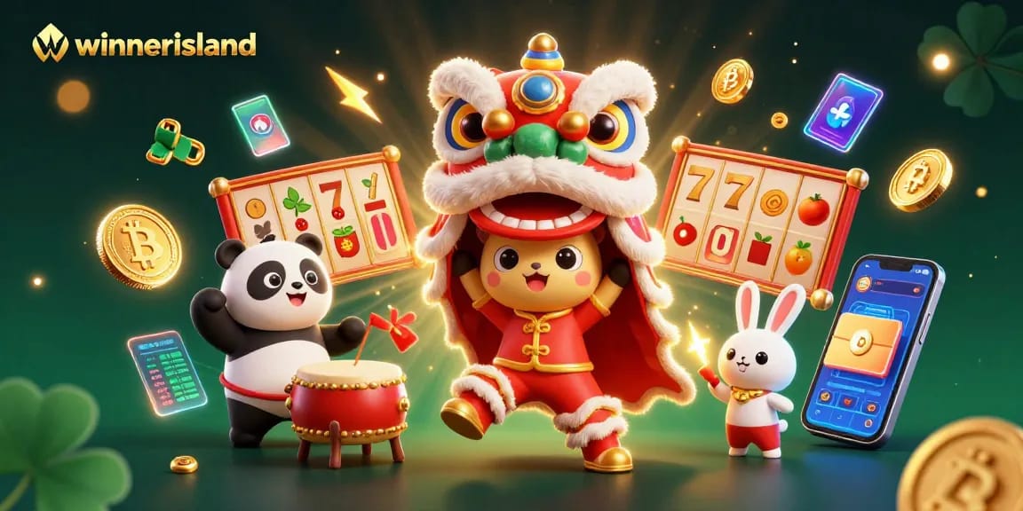 Engage with vibrant winnerisland casino action featuring a whimsical lion dance amidst slot reels.