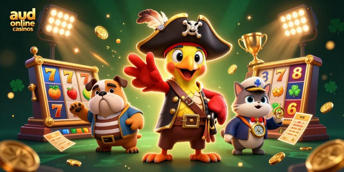 Engage with aud online casinos featuring a lively 3D scene of a pirate captain, bulldog, and cat amidst colorful slot elements and gold coins.