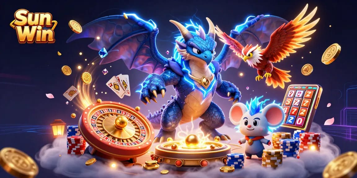 Engage with thrilling games at Sun Win, featuring a dynamic casino scene with vibrant elements and characters.