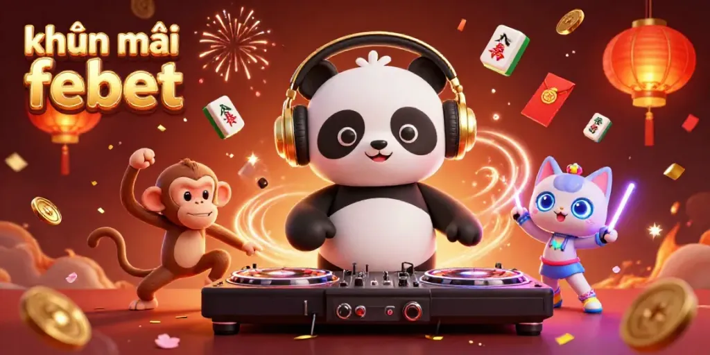 Engage in the excitement of khuyến mãi febet with a vibrant 3D illustration featuring dynamic characters, casino elements, and celebratory decorations.