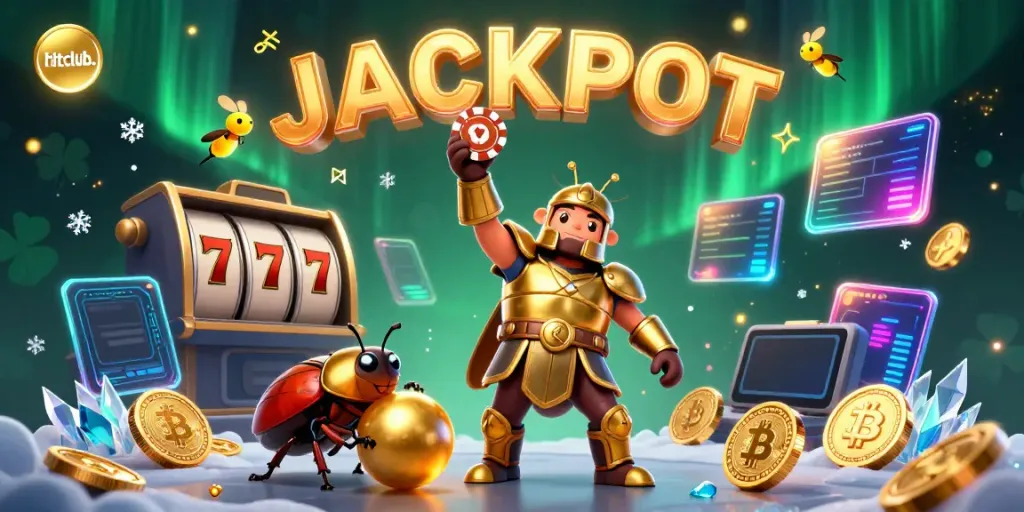 Hitclub: A cartoon beetle celebrates a jackpot win amid vibrant casino elements and neon cryptocurrency coins.