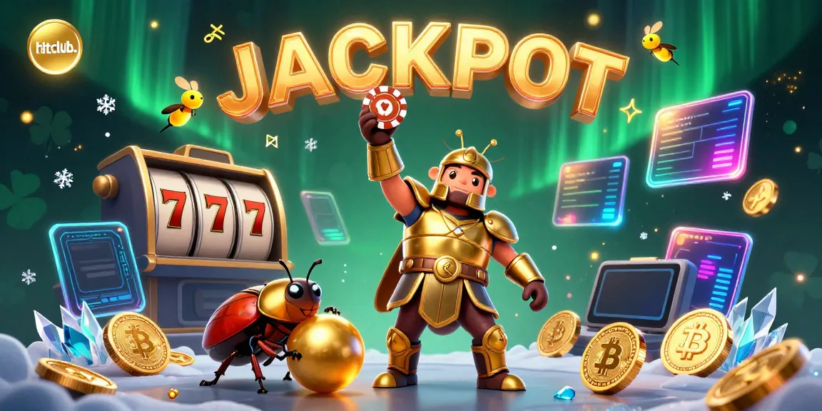Hitclub: A cartoon beetle celebrates a jackpot win amid vibrant casino elements and neon cryptocurrency coins.