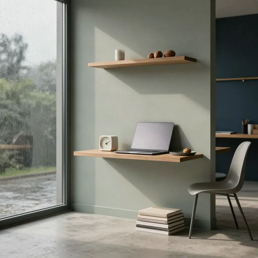 Serene productiviteitsstudio met laptop, timer, werkboeken en lege stoel in zacht ochtendlicht.