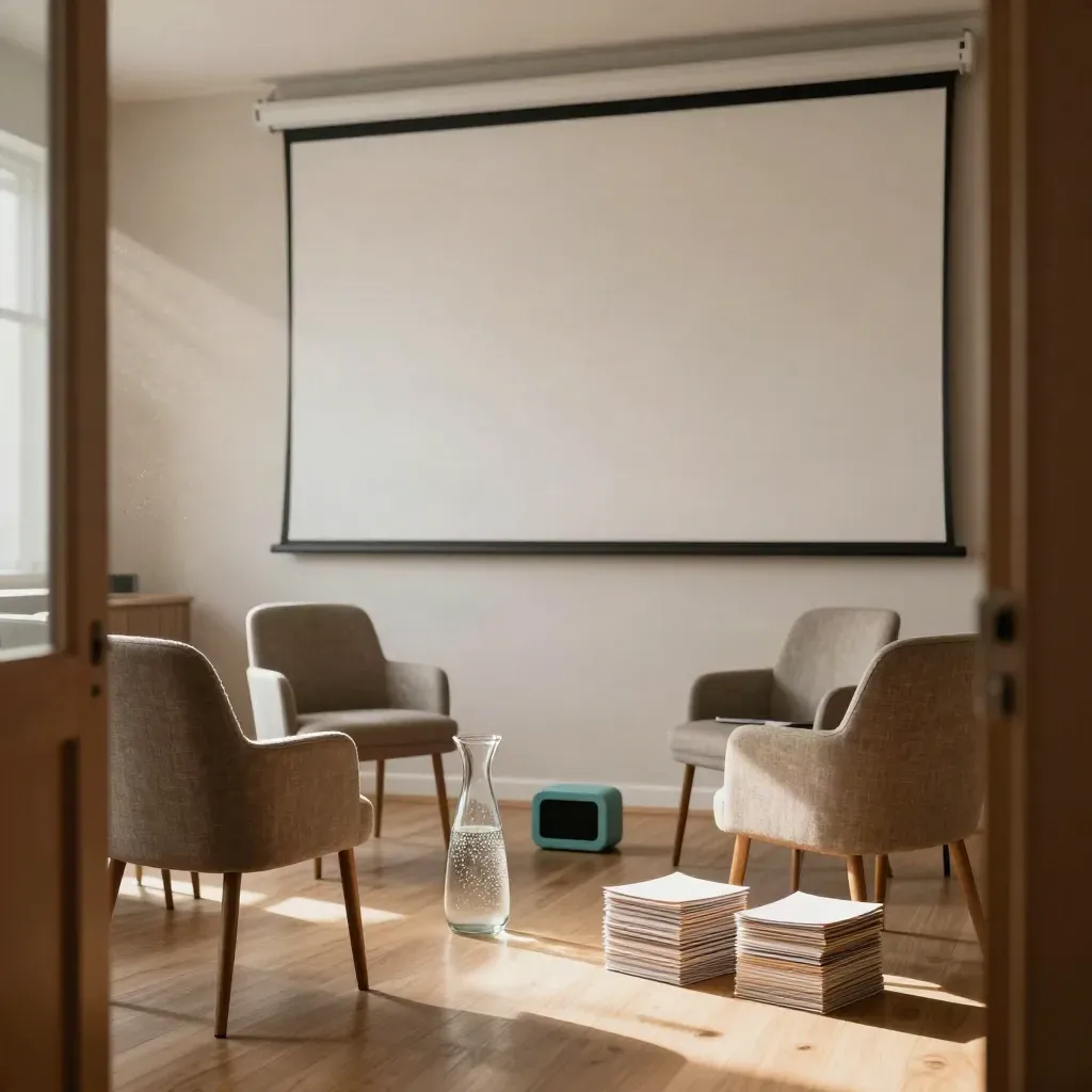 Lege trainingsruimte met halve cirkel stoelen, presentatiewand, waterkaraf, timer en kaartsets.