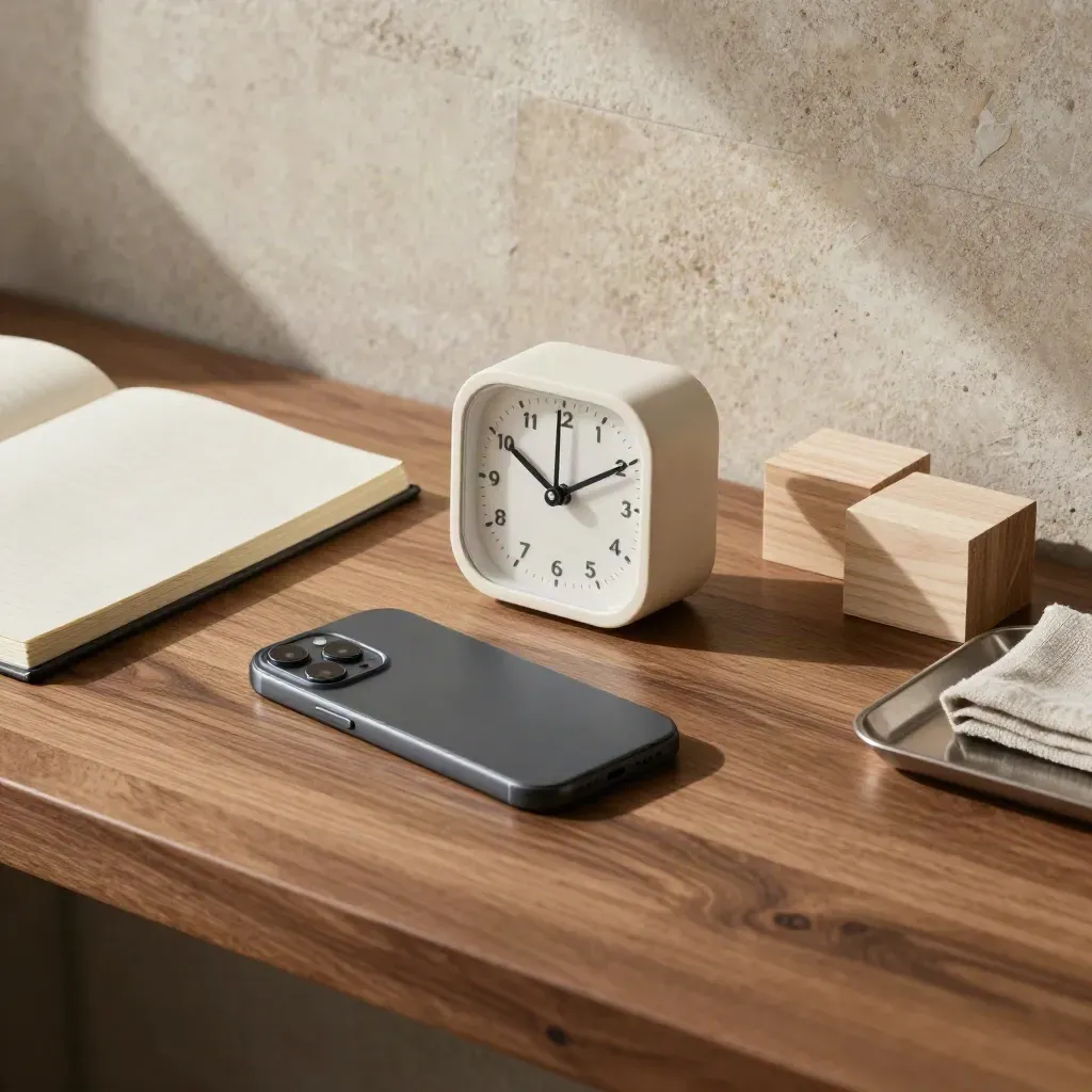 Focushoek met timer, telefoon, notitieblok en kleurblokken op een houten werkbank.
