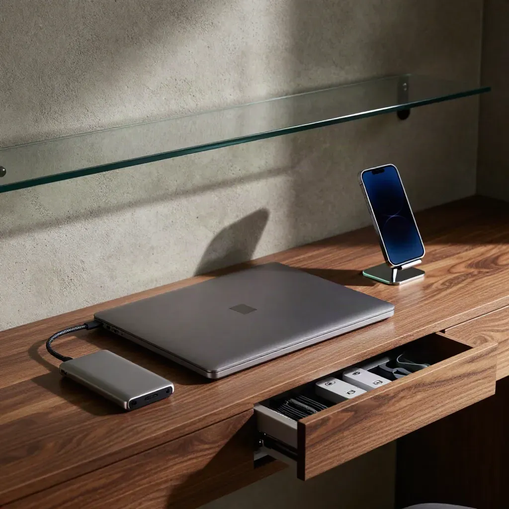 Digitaal werkhoekje met gesloten laptop, dock, kabels en lade in dramatisch licht.