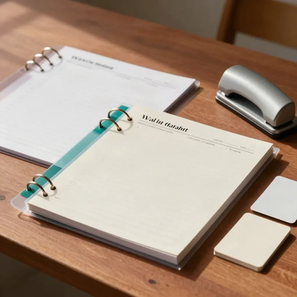 Sjablonenkit met transparante sleeves, tabs, werkbladen en perforator op warme houten tafel.