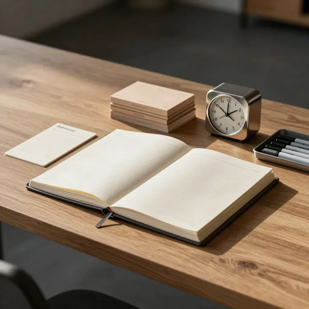 Rustige planningstafel met agenda, timer, kaarten en markers in zacht daglicht.