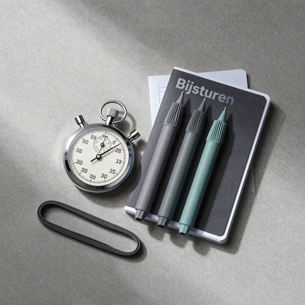 Overhead flatlay met stopwatch, markers, elastieken en planningkaartjes op grijze betonsteen.