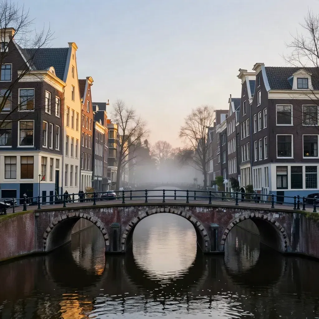 Stille Amsterdamse grachtengordel met brug, hoge gevels en mistig water in gouden avondlicht.