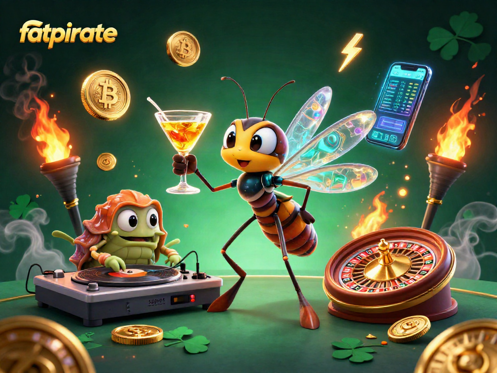 Spin and win at fatpirate casino featuring a lively 3D scene with trendy characters and crypto elements.