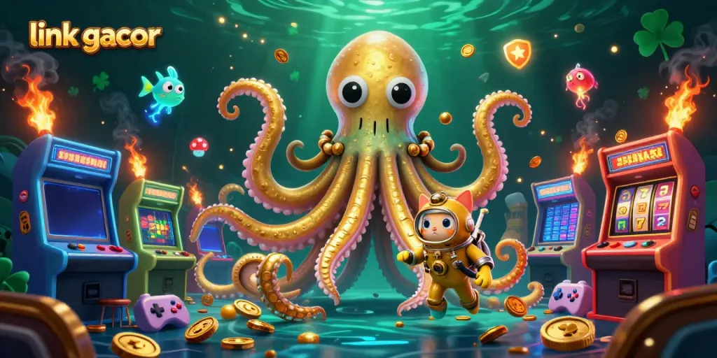 Engage with thrilling link gacor slots featuring a colossal kraken and a vintage diving cat in a colorful casino scene.