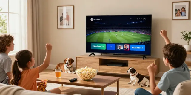 PikashowTV streaming entertainment with family in a cozy living room setting, enjoying a movie night.