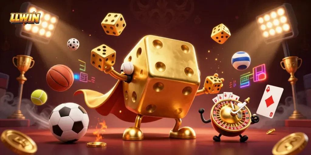 Experience the thrill of LLWIN with dynamic sports betting visuals and golden elements.