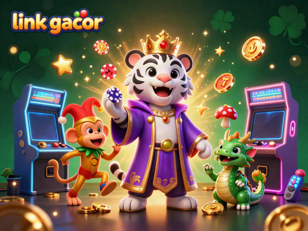 Experience the excitement of link gacor with a vibrant casino scene featuring a playful tiger and golden monkey.